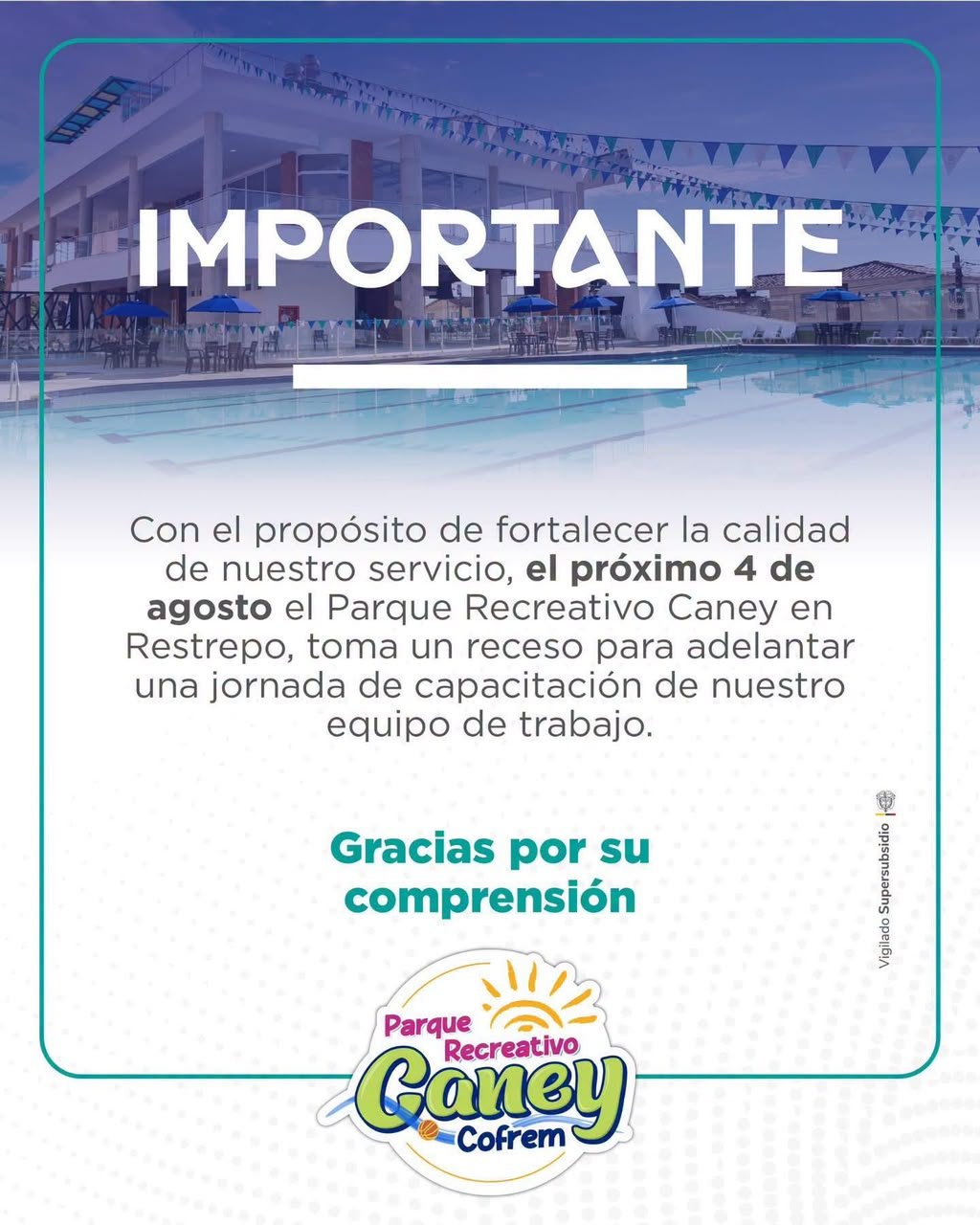 El próximo 4 de agosto, el Parque Recreativo Caney realizará una pausa en su atención al público