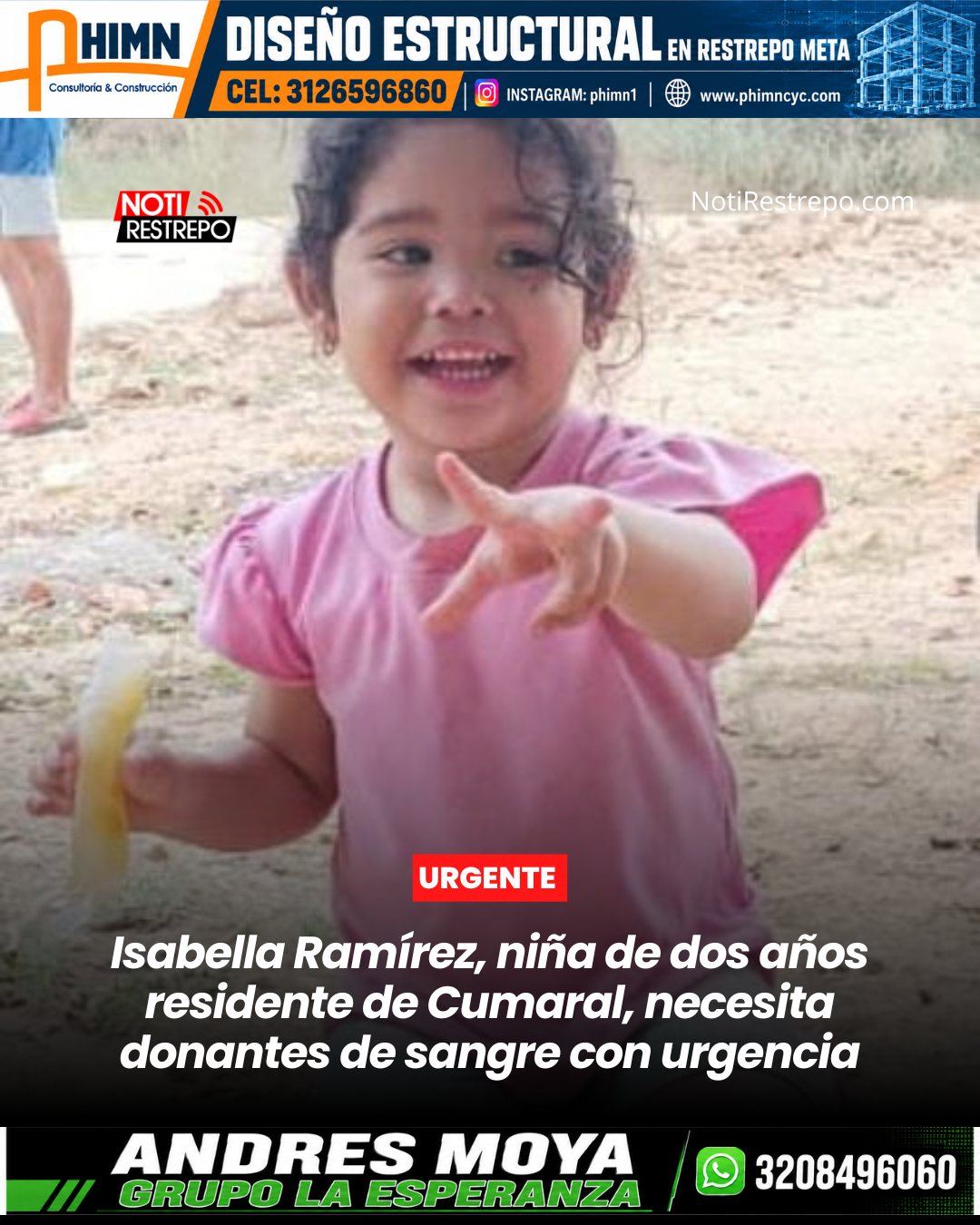 Isabella Ramírez, niña de dos años residente de Cumaral, necesita donantes de sangre con urgencia