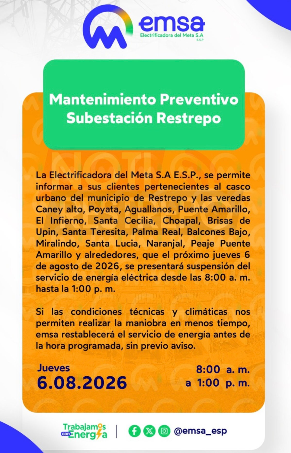 EMSA anuncia suspensión programada del servicio de energía en Restrepo este jueves 6 de agosto