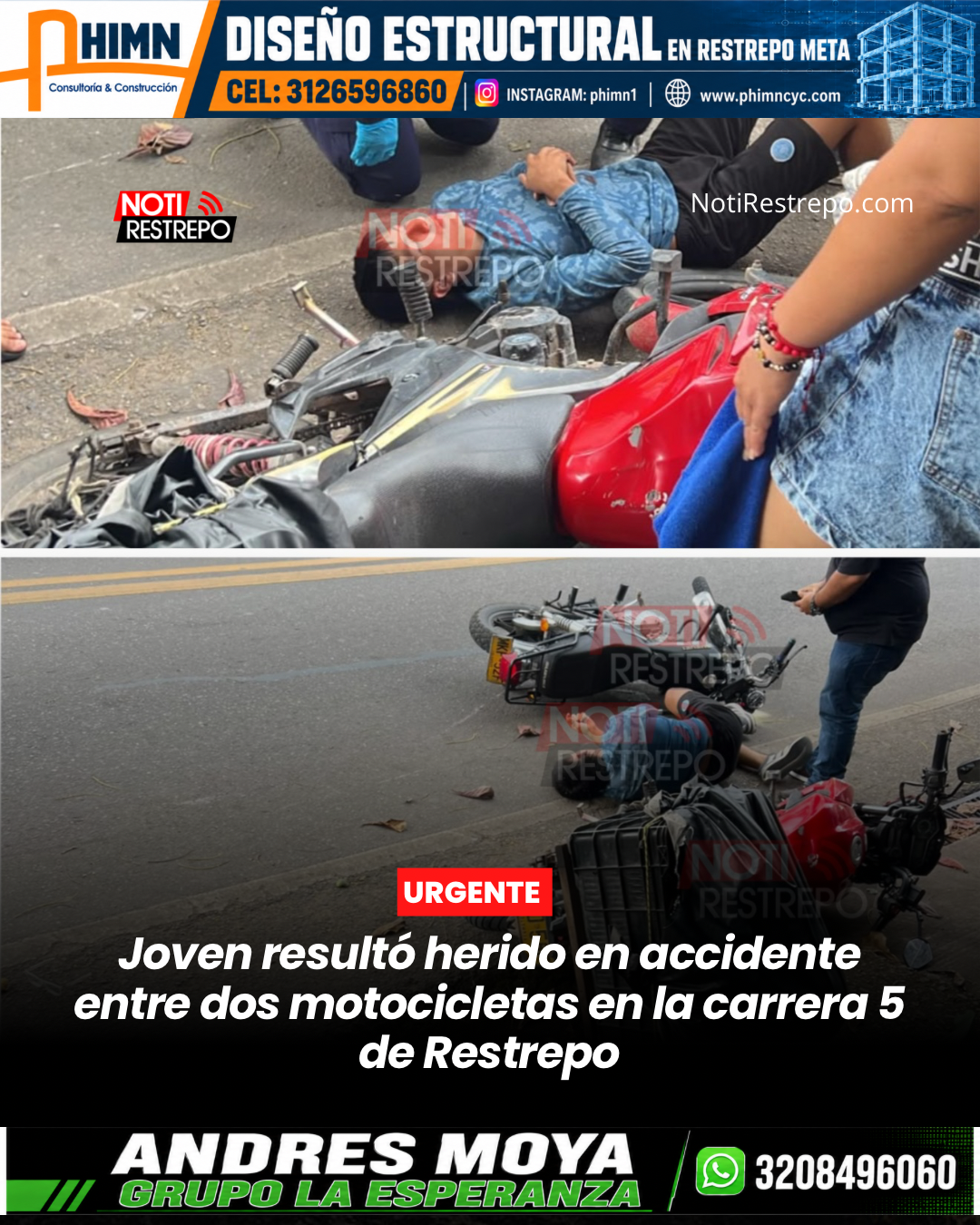 Joven resultó herido en accidente entre dos motocicletas en la carrera 5 de Restrepo